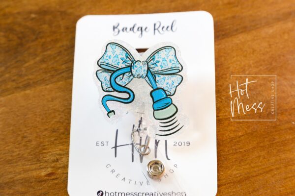 il_fullxfull.6876777858_bd90 Blue Glitter Coquette Bow Badge Reel or Pin – Ultrasound Tech Toile Design, Sonographer ID Clip or Pin, Cute Medical Work Accessory