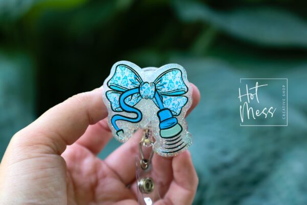 il_fullxfull.6876777860_kr02 Blue Glitter Coquette Bow Badge Reel or Pin – Ultrasound Tech Toile Design, Sonographer ID Clip or Pin, Cute Medical Work Accessory