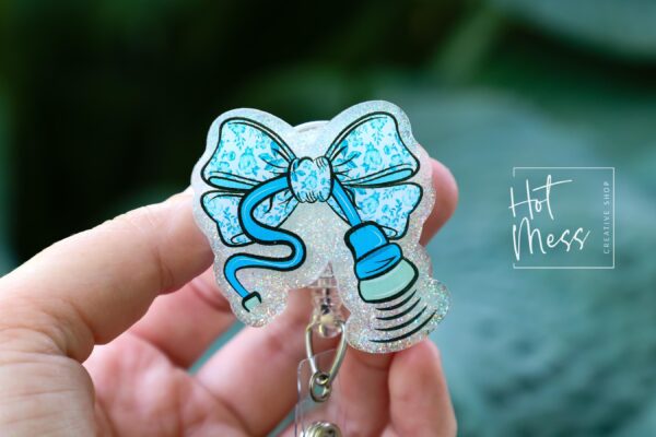 il_fullxfull.6876777862_5g6s Blue Glitter Coquette Bow Badge Reel or Pin – Ultrasound Tech Toile Design, Sonographer ID Clip or Pin, Cute Medical Work Accessory