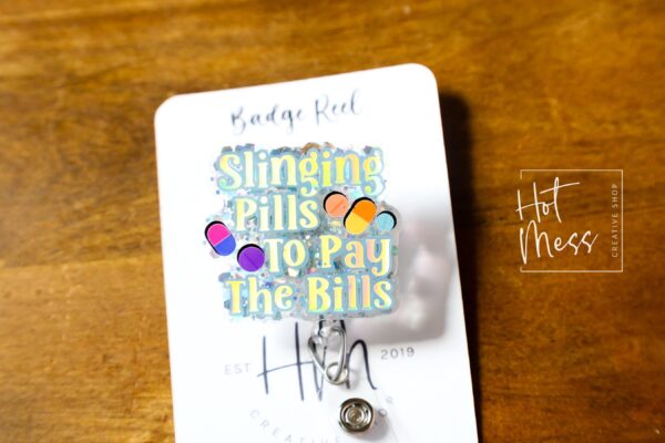 il_fullxfull.6909691080_br95 Slinging pills to pay the bills Badge Reel, Pharmacy Badge Reel, Retractable Badge, pharmacy tech