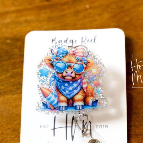 il_fullxfull.6918735809_sdem 4th of July USA Hyland Cow Badge Reel, Retractable Badge Reel, Teacher ID Holder, Nurse Badge Reel
