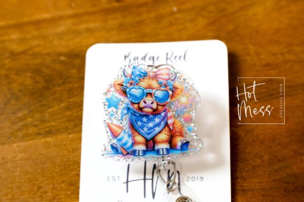 4th of July USA Hyland Cow Badge Reel, Retractable Badge Reel, Teacher ID Holder, Nurse Badge Reel