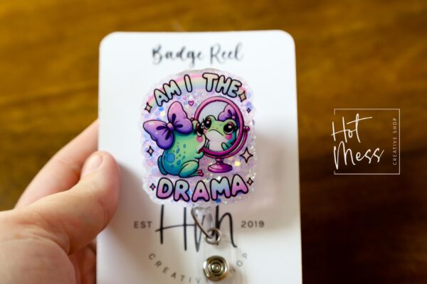 il_fullxfull.6918742383_2vli Am I the drama? Funny Frog Badge Reel, Retractable Acrylic Badge Reel, Nurse Gift, Night Shift, Paramedic gift, Office Worker