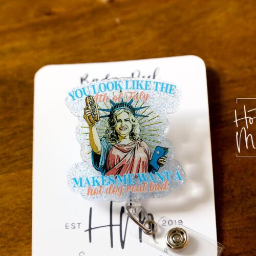 4th of July USA Badge Reel, Hot Dogs, Retractable Badge Reel, Teacher ID Holder, Nurse Badge Reel