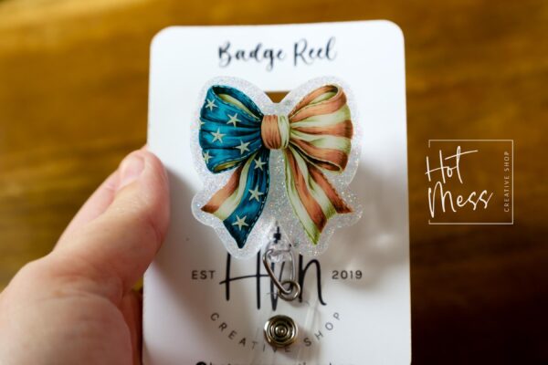 il_fullxfull.6918776735_2ipg Patriotic Bow Badge Reel, Badge ID, Fourth of July, work lanyard, coquette nurse