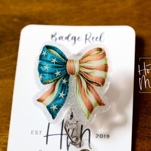 il_fullxfull.6918776745_cvy8 Patriotic Bow Badge Reel, Badge ID, Fourth of July, work lanyard, coquette nurse