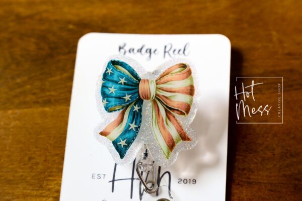 il_fullxfull.6918776745_cvy8 Patriotic Bow Badge Reel, Badge ID, Fourth of July, work lanyard, coquette nurse