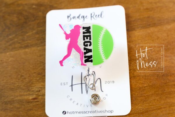 il_fullxfull.6924596613_r9v6 Custom Softball Badge Reel – Personalized Glitter Badge Holder with Player's Name – Unique Gift for Softball Players, Coaches, and Fans!