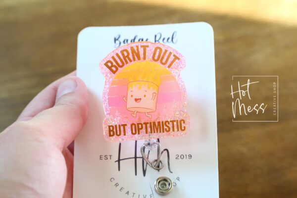 Burnt Out But Still Optimistic Badge Reel – Glitter Marshmallow Retractable ID Clip, Funny Cute Work Accessory for Healthcare & Office Staff