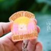Burnt Out But Still Optimistic Badge Reel – Glitter Marshmallow Retractable ID Clip, Funny Cute Work Accessory for Healthcare & Office Staff