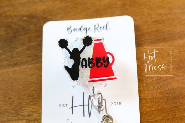 Custom Cheerleader Glitter Badge Reel or Pin – Personalized with Name & Team Colors, Cheer Squad Gift, Spirit Wear Accessory