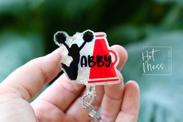 Custom Cheerleader Glitter Badge Reel or Pin – Personalized with Name & Team Colors, Cheer Squad Gift, Spirit Wear Accessory