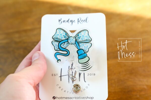 il_fullxfull.6924755121_mkbm Blue Glitter Coquette Bow Badge Reel or Pin – Ultrasound Tech Toile Design, Sonographer ID Clip or Pin, Cute Medical Work Accessory