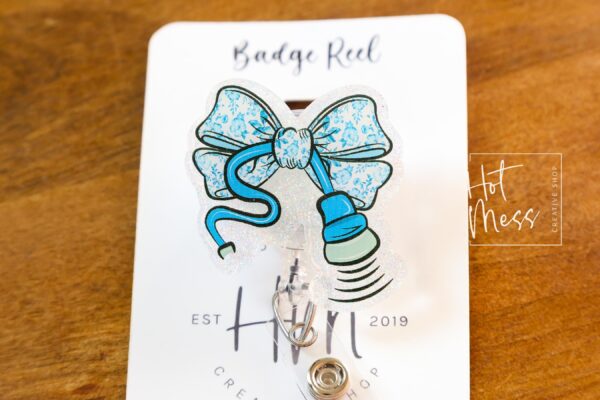 il_fullxfull.6924755133_4xvo Blue Glitter Coquette Bow Badge Reel or Pin – Ultrasound Tech Toile Design, Sonographer ID Clip or Pin, Cute Medical Work Accessory
