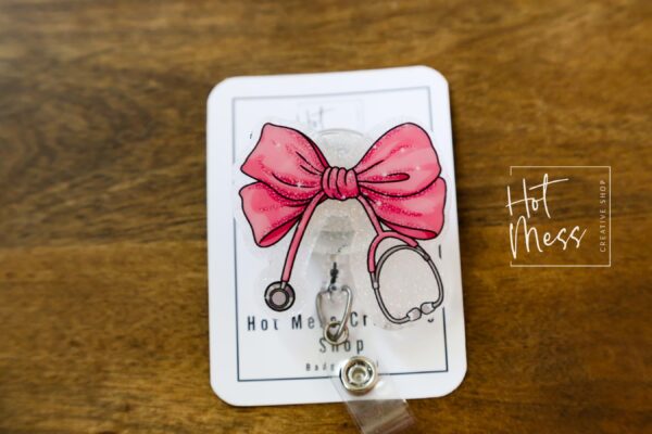 Pink Coquette Nurse Bow Badge Reel ID Holder - Cute Work Lanyard Accessory for Healthcare Professionals