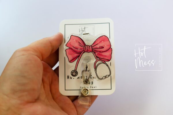 Pink Coquette Nurse Bow Badge Reel ID Holder - Cute Work Lanyard Accessory for Healthcare Professionals