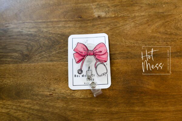 Pink Coquette Nurse Bow Badge Reel ID Holder - Cute Work Lanyard Accessory for Healthcare Professionals