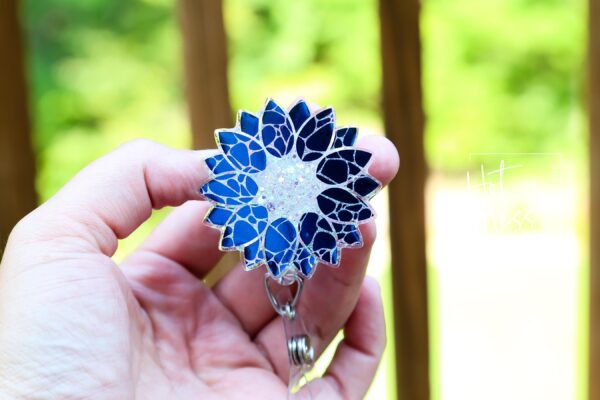 il_fullxfull.7094730215_7aus Blue Holographic Sunflower Badge Reel, Retractable Badge Reel, Interchangeable Badge Reel