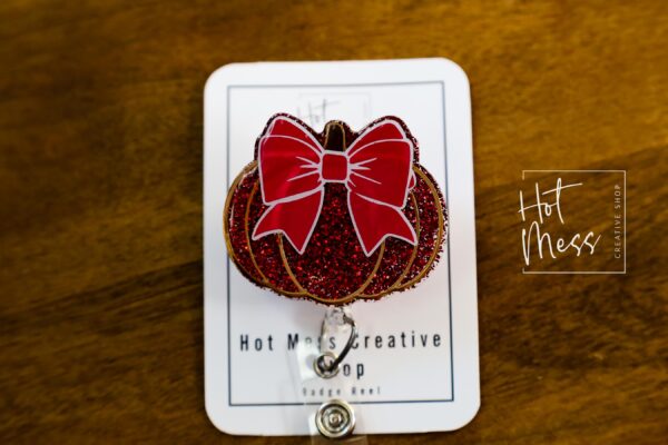 Seasonal Pumpkin Bow Badge Reel: Fall, Halloween, Thanksgiving Retractable ID Holder for Nurses & Teachers