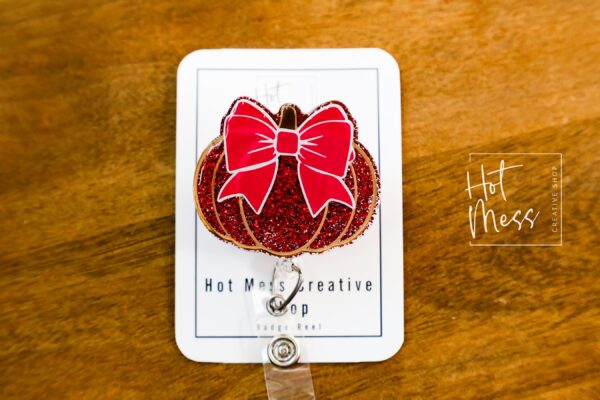 Seasonal Pumpkin Bow Badge Reel: Fall, Halloween, Thanksgiving Retractable ID Holder for Nurses & Teachers