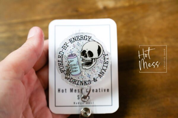 Fueled by Energy Drinks and Anxiety Funny Badge Reel, RN ID Holder, Retractable Badge Reel, Night Shift, Audacity, Stocking Stuffer