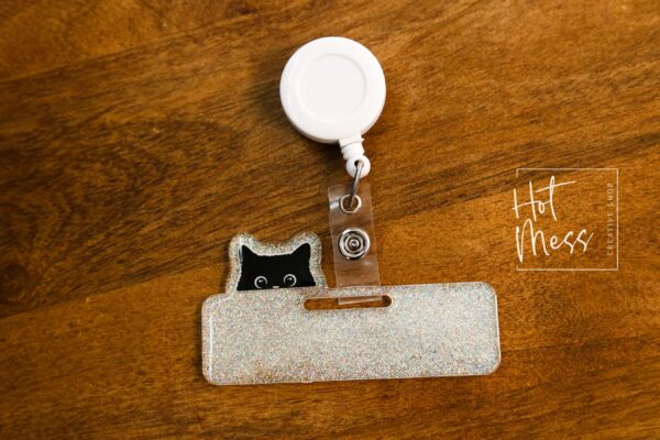 il_fullxfull.7239296742_9xrp Glitter Badge Topper, badge accessories. Nurse ID Accessory, Sneaky Cat, Badge Buddy topper