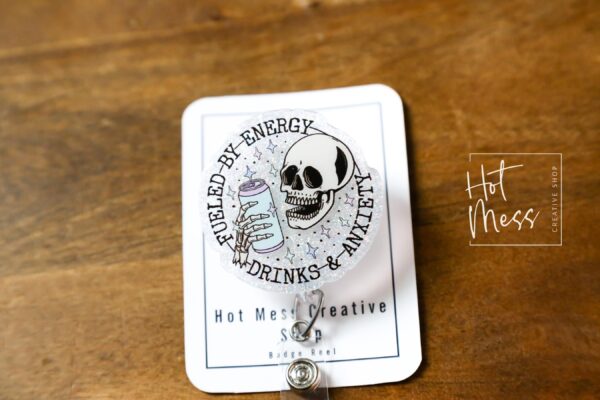 Fueled by Energy Drinks and Anxiety Funny Badge Reel, RN ID Holder, Retractable Badge Reel, Night Shift, Audacity, Stocking Stuffer