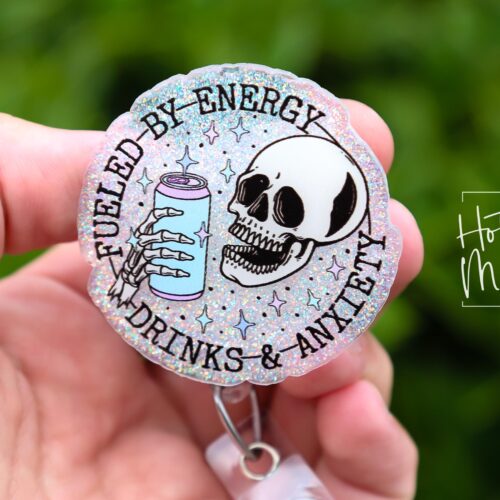 il_fullxfull.7287156009_bygc Fueled by Energy Drinks and Anxiety Funny Badge Reel, RN ID Holder, Retractable Badge Reel, Night Shift, Audacity, Stocking Stuffer