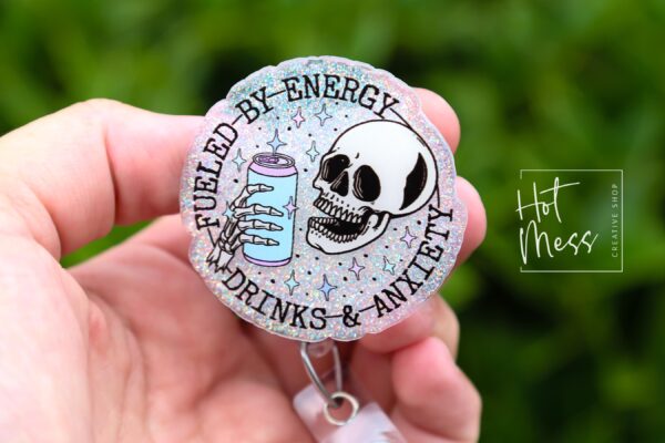 Fueled by Energy Drinks and Anxiety Funny Badge Reel, RN ID Holder, Retractable Badge Reel, Night Shift, Audacity, Stocking Stuffer