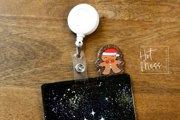 il_fullxfull.7300213406_ml10 Festive Gingerbread Man Glitter Badge Topper: Holiday Accessory for Nurse ID, Teacher Gift, Christmas Flair