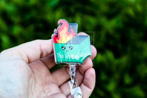 il_fullxfull.7314877196_hva1 Sarcastic 'This Is Fine' Dumpster Fire Retractable Badge Reel - Funny ID Holder Stocking Stuffer