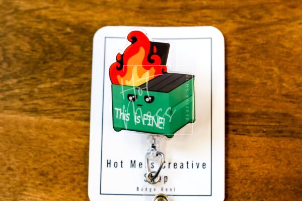 il_fullxfull.7314877200_r8kd Sarcastic 'This Is Fine' Dumpster Fire Retractable Badge Reel - Funny ID Holder Stocking Stuffer