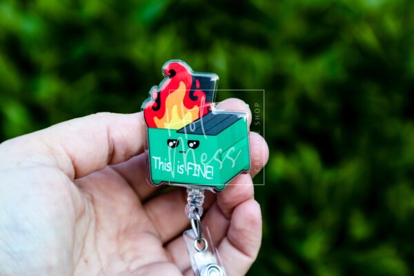 il_fullxfull.7314877286_7sc4 Sarcastic 'This Is Fine' Dumpster Fire Retractable Badge Reel - Funny ID Holder Stocking Stuffer