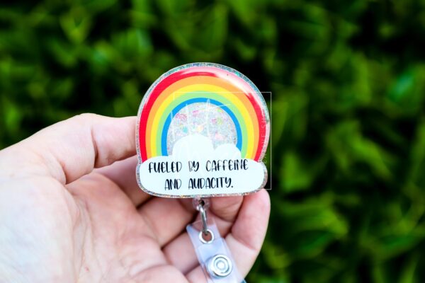 il_fullxfull.7314893476_pxnx Fueled By Caffeine and Audacity Funny Rainbow Badge Reel, RN ID Holder, Retractable Badge Reel, Night Shift, Audacity, Stocking Stuffer