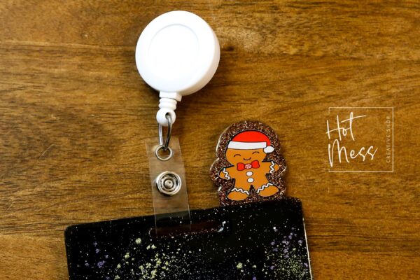 il_fullxfull.7348162435_exu5 Festive Gingerbread Man Glitter Badge Topper: Holiday Accessory for Nurse ID, Teacher Gift, Christmas Flair