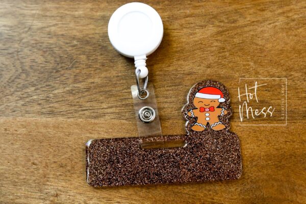 il_fullxfull.7348162437_lxix Festive Gingerbread Man Glitter Badge Topper: Holiday Accessory for Nurse ID, Teacher Gift, Christmas Flair