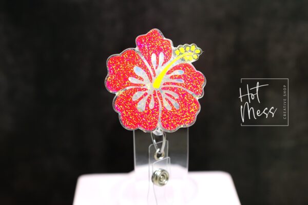 PINK Hibiscus Badge Reel, RN ID Holder, Retractable Acrylic Badge Reel, Nurse Gift, Teacher Lanyard, flower badge reel