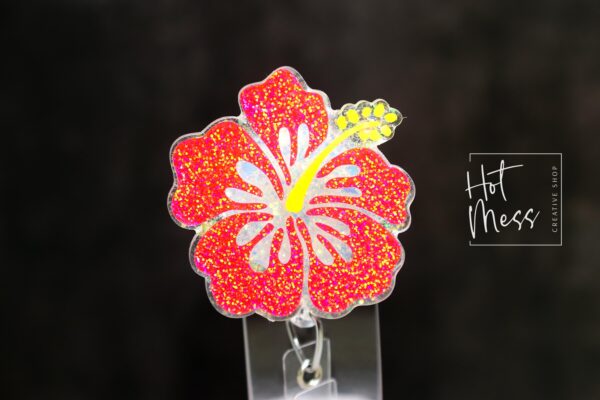 PINK Hibiscus Badge Reel, RN ID Holder, Retractable Acrylic Badge Reel, Nurse Gift, Teacher Lanyard, flower badge reel