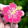 PINK Hibiscus Badge Reel, RN ID Holder, Retractable Acrylic Badge Reel, Nurse Gift, Teacher Lanyard, flower badge reel