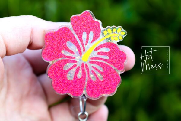 PINK Hibiscus Badge Reel, RN ID Holder, Retractable Acrylic Badge Reel, Nurse Gift, Teacher Lanyard, flower badge reel