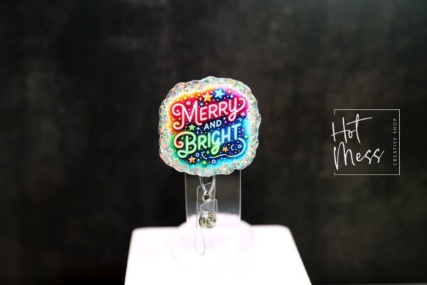 Merry and Bright Badge Reel, Christmas Badge Reel, Nurse Badge Reel, Retractable ID Holder, Interchangeable, Glitter Badge Reel, Neon Badge