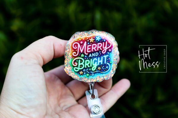 Merry and Bright Badge Reel, Christmas Badge Reel, Nurse Badge Reel, Retractable ID Holder, Interchangeable, Glitter Badge Reel, Neon Badge