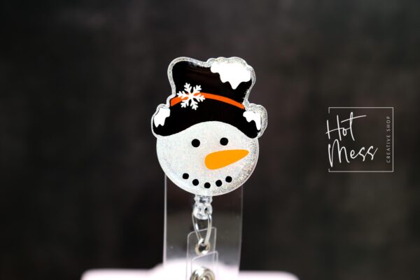 Snowman in a fancy hat Badge Reel, Christmas Badge Reel, Nurse Badge Reel, Retractable ID Holder, Glitter Badge Reel, Winter ID Holder