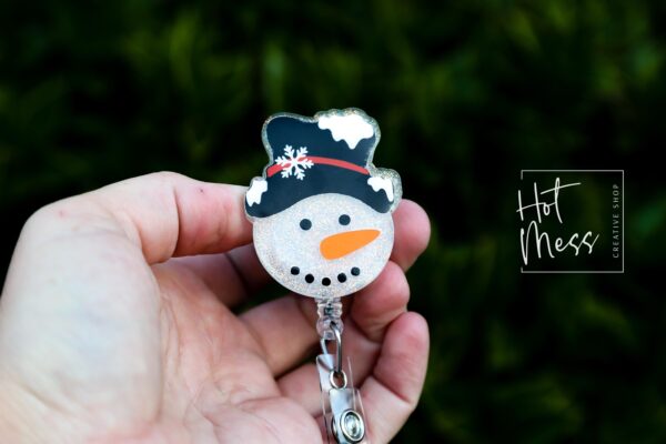 Snowman in a fancy hat Badge Reel, Christmas Badge Reel, Nurse Badge Reel, Retractable ID Holder, Glitter Badge Reel, Winter ID Holder