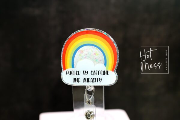 il_fullxfull.7359055350_qayt Fueled By Caffeine and Audacity Funny Rainbow Badge Reel, RN ID Holder, Retractable Badge Reel, Night Shift, Audacity, Stocking Stuffer