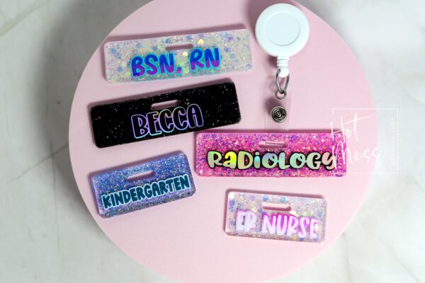 Glitter Custom Personalized Mini Badge Buddy, Hospital ID, Glitter Name Tag Flair