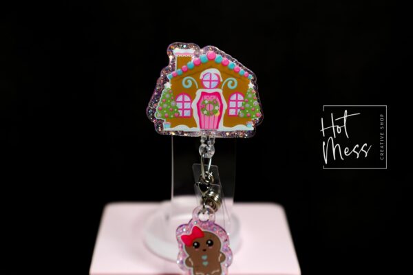Christmas Badge Reel, Gingerbread House, Nurse Badge Reel, Retractable ID Holder, Interchangeable, Glitter Badge Reel, Stocking Stuffer