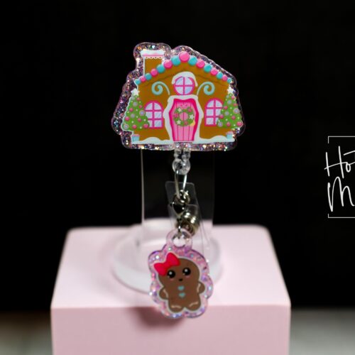 Christmas Badge Reel, Gingerbread House, Nurse Badge Reel, Retractable ID Holder, Interchangeable, Glitter Badge Reel, Stocking Stuffer
