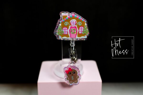 Christmas Badge Reel, Gingerbread House, Nurse Badge Reel, Retractable ID Holder, Interchangeable, Glitter Badge Reel, Stocking Stuffer