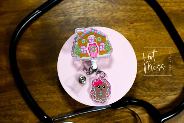 Christmas Badge Reel, Gingerbread House, Nurse Badge Reel, Retractable ID Holder, Interchangeable, Glitter Badge Reel, Stocking Stuffer